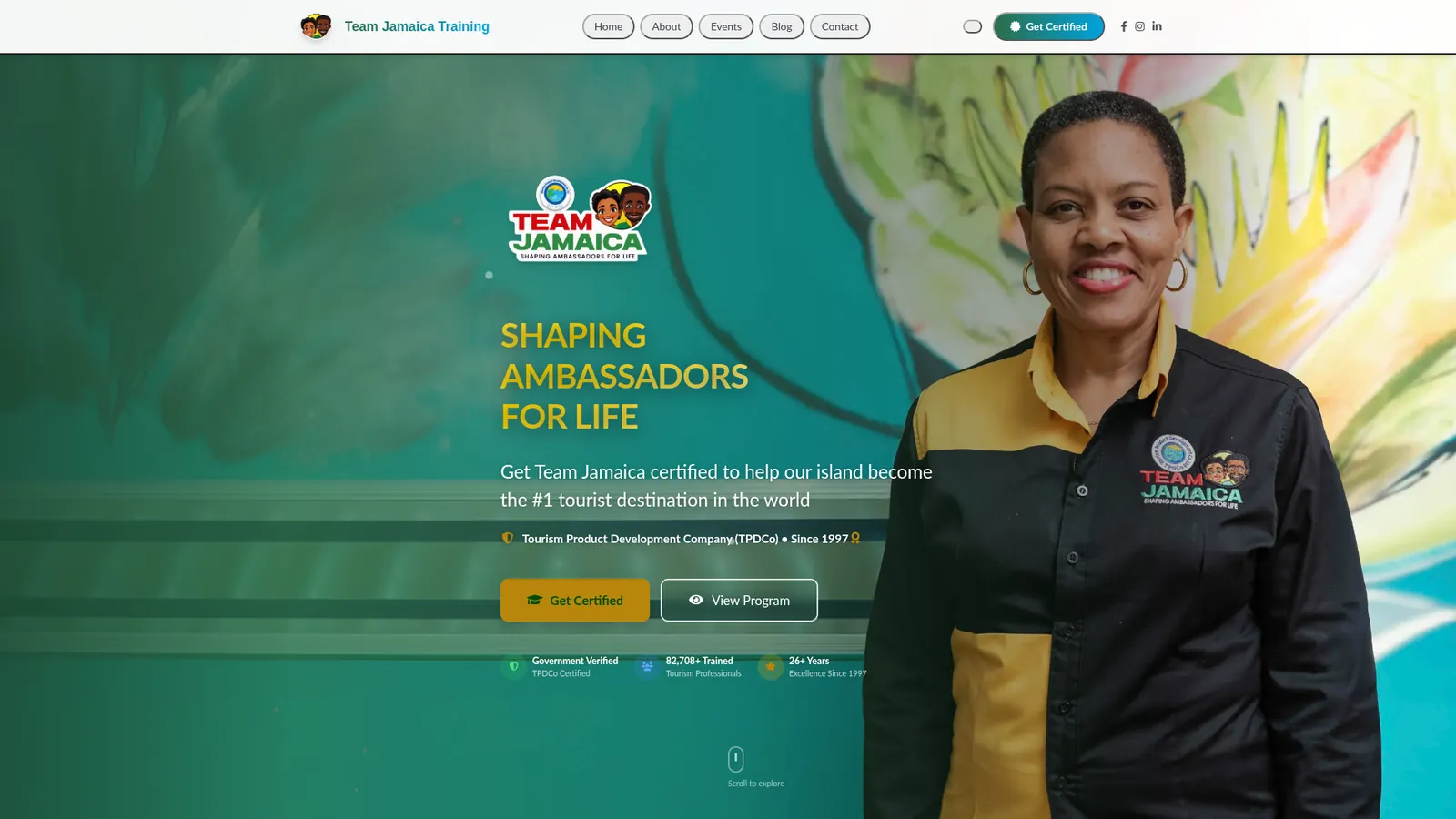 Team Jamaica Training home page on a desktop screen