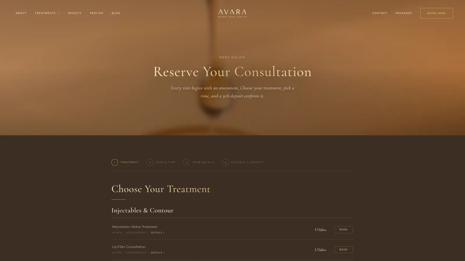 Avara Medical online booking page on a desktop screen