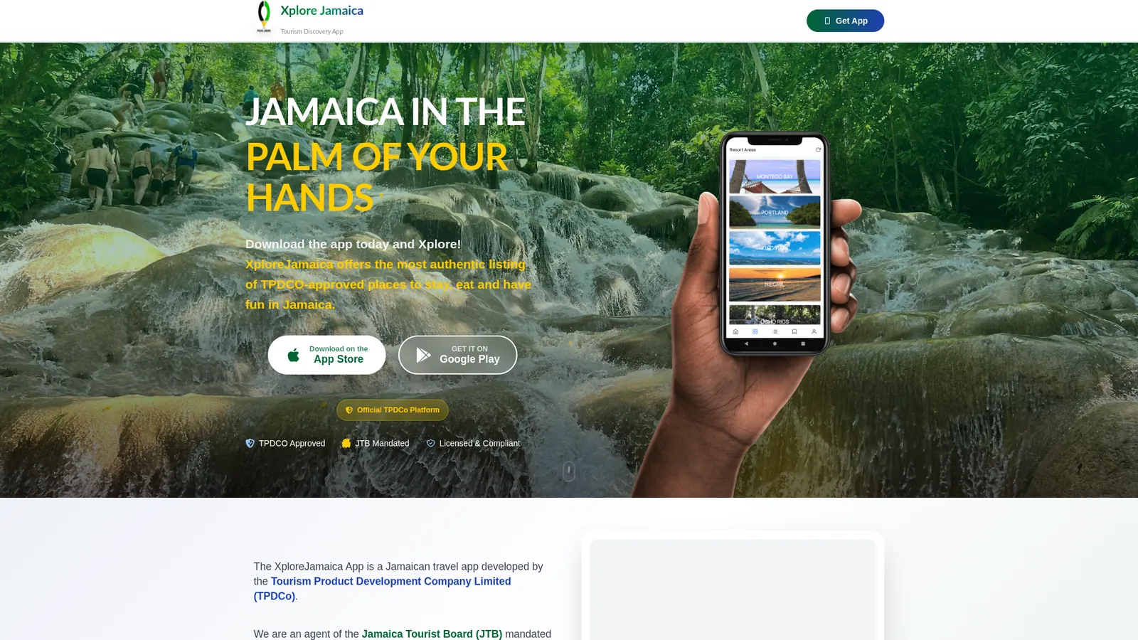 Xplore Jamaica app website on a desktop screen