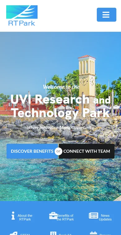 UVI Research and Technology Park home page on a phone