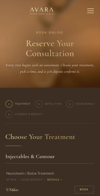 Avara Medical online booking page on a phone